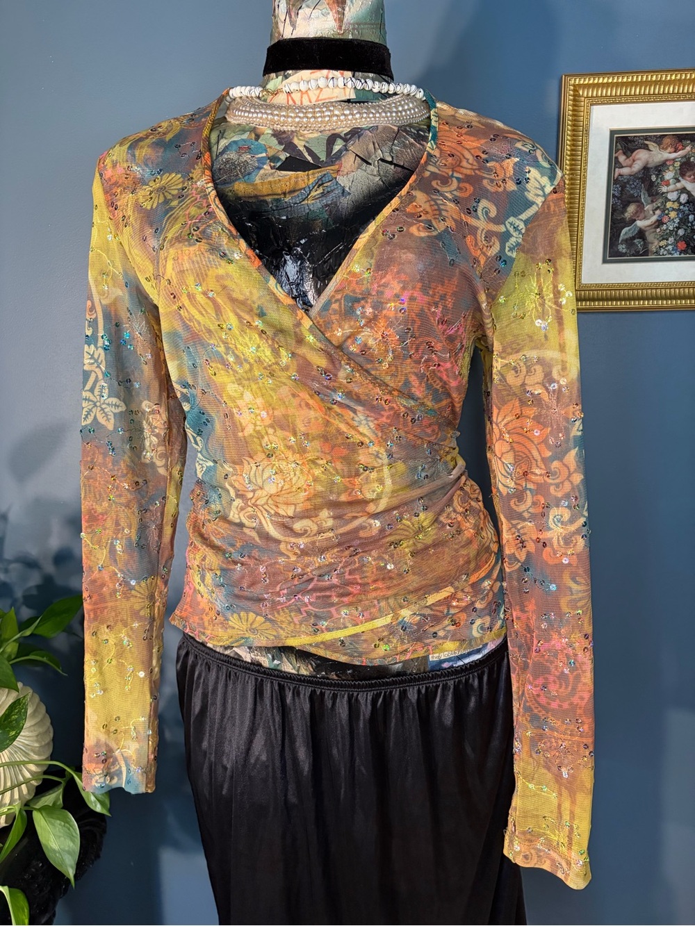 Sno Skins colorful vibrant y2k boho semi sheer mesh paisley sequin wrap top